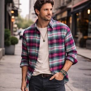 Alan Paine Mens Bold Plaid Flannel Shirt Sz M Magenta Teal Button Down Cotton